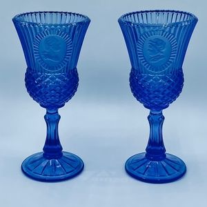 Fostoria Cobalt Blue Glass Goblets w/George and Martha Washington and Pitcher